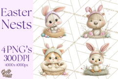 Watercolor Easter Animals Clipart, Cute Animals in Nests Png Product Image 1