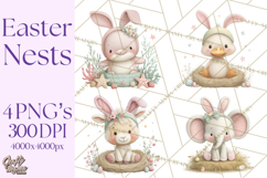 Watercolor Easter Animals Clipart, Cute Animals in Nests Png Product Image 1