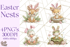 Watercolor Easter Animals Clipart, Cute Animals in Nests Png Product Image 1