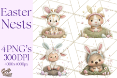 Watercolor Easter Animals Clipart, Cute Animals in Nests Png Product Image 1