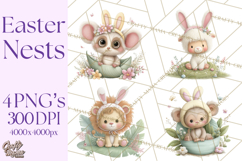 Watercolor Easter Animals Clipart, Cute Animals in Nests Png Product Image 1