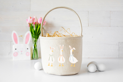 Spring farmhouse style Easter geese illustration with simple clean shapes, pastel ribbons, and bunny ears on a transparent background.