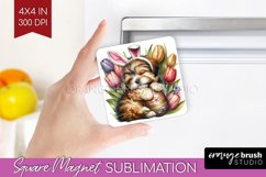 Easter Dog Magnet Sublimation - Cute Puppy Square Magnet PNG Product Image 1