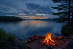 Serene lakeside campfire at dusk Product Image 1