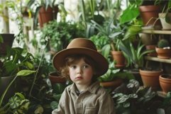 Young child in brown hat among potted plants Product Image 1