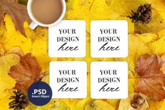 Autumn & Fall Coaster Mockup PSD, 4 Coasters set mockup Product Image 1