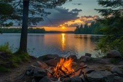 Serene sunset over a lakeside campfire Product Image 1
