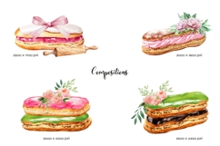 Watercolor eclairs with flowers Premade logo 8 PNG Product Image 3