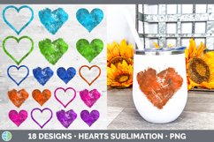 18 clipart hearts in brightly colored textures on tumbler mockup. Includes blue, green, pink, purple and orange watercolor designs. Hearts - Heart Frames - Grunge Heart Background