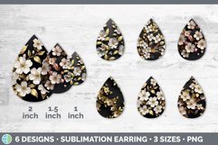 3D Black and Gold Apple Blossom Flowers Teardrop Earrings | Product Image 2