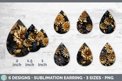 3D Black and Gold Aster Flowers Teardrop Earrings | Sublimat Product Image 2