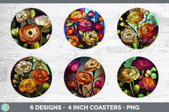 Stained Glass Ranunculus Flowers Round Coaster | Sublimation Product Image 2