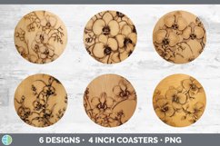Wood Burned Orchid Flowers Round Coaster | Sublimation Coast Product Image 2