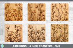 Wood Burned Sweet Pea Flowers Square Coaster | Sublimation C Product Image 2