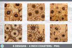 Wood Burned Daisy Flowers Square Coaster | Sublimation Coast Product Image 2