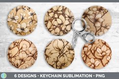 Wood Burned Magnolia Flowers Keychain | Sublimation Keyring Product Image 2