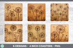 Wood Burned Dandelion Flowers Square Coaster | Sublimation C Product Image 2