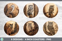 Wood Burned Owl Bird Round Coaster | Sublimation Coaster Des Product Image 2