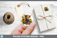 Animals Sunflower Patriotic Highland Cow Stickers | Round La Product Image 1