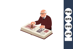 Elderly man stamping vintage postage stamps on album pages v Product Image 1