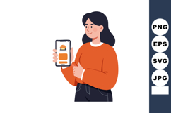 Woman showing mobile phone with house app in orange sweater Product Image 1