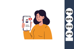 Woman holding smartphone showing friend request notification Product Image 1