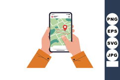 Hands Holding Smartphone with GPS Navigation App Showing Red Product Image 1