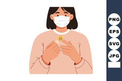 Woman wearing mask applying smiley face bandage on chest vec Product Image 1