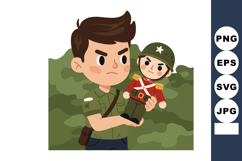 Boy holding soldier toy doll in green military outfit with c Product Image 1