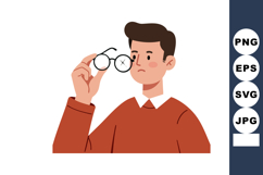 Young man examining broken eyeglasses with concern in casual Product Image 1