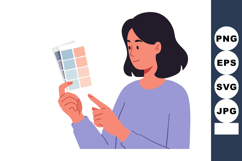 Woman comparing color palette samples for design or decorati Product Image 1