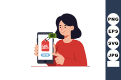 Woman Holding Smartphone Showing 50 Percent Sale Discount Ta Product Image 1