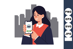 Woman using ride hailing app on smartphone with cityscape ba Product Image 1