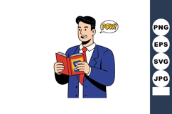 Man in blue suit reading comic book with speech bubble sayin Product Image 1