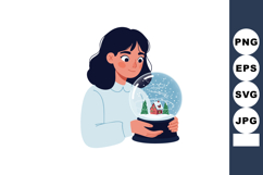 Girl holding snow globe with winter house and trees in cozy Product Image 1