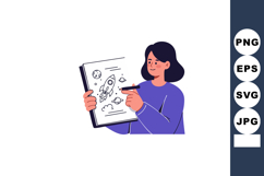 Woman sketching rocket and planets science illustration in p Product Image 1