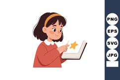 Young girl reading book with star illustration in casual clo Product Image 1