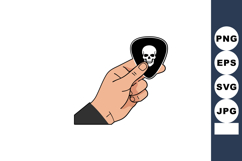 Hand holding black guitar pick with white skull design vecto Product Image 1