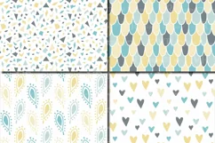 Blue and Yellow Seamless Digital Paper / Pastel Hand drawn patterns / Scales, Hearts, Leaves, Terrazzo Backgrounds Product Image 2