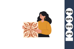 Woman holding decorative tile with brown floral pattern in f Product Image 1