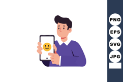 Young man holding smartphone showing smiley face icon in pur Product Image 1