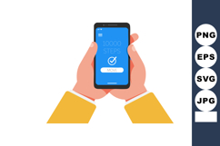 Hands Holding Smartphone with Blue Screen Showing Checkmark Product Image 1