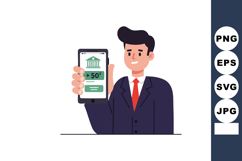 Businessman holding smartphone with banking app showing bala Product Image 1