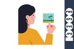 Woman holding tropical beach photo with palm tree and sunset Product Image 1
