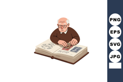 Elderly man collecting vintage stamps in album illustration Product Image 1