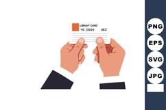 Hands holding library card illustration with text and date d Product Image 1