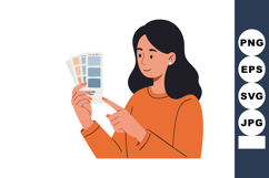 Woman holding and pointing at blue and beige color swatches Product Image 1