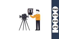 Photographer holding portrait film in front of camera tripod Product Image 1