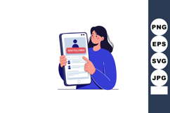 Woman holding smartphone showing new follower notification s Product Image 1