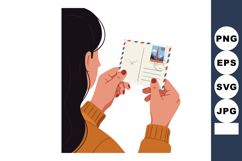 Woman holding postcard with Eiffel Tower stamp romantic trav Product Image 1